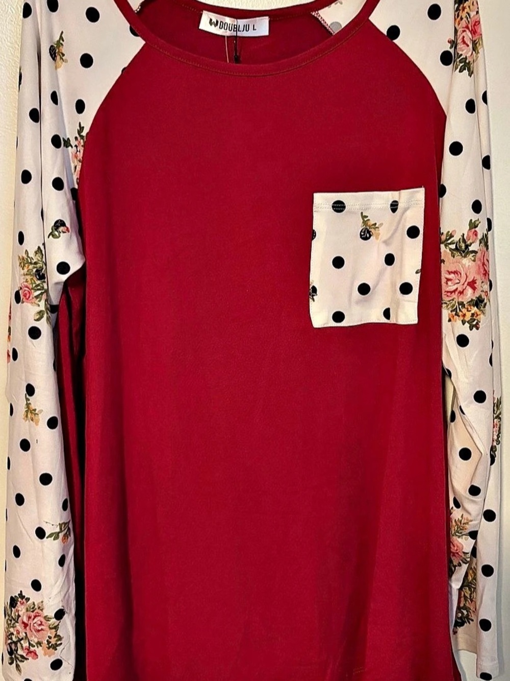 DOUBLEJU Long Sleeve Polka Dot Top in Red & White NWT